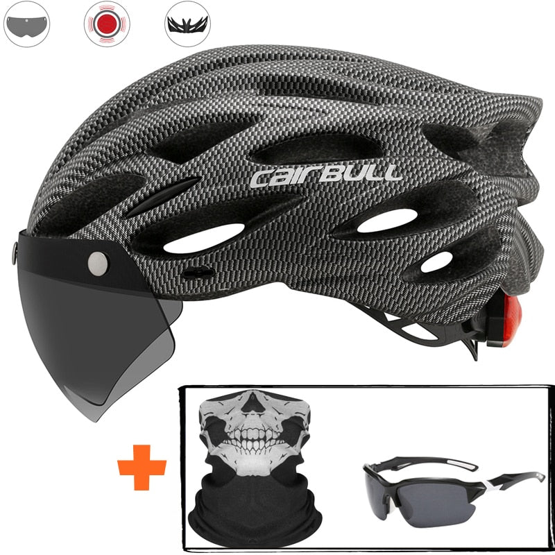 Capacete Ciclismo com Luz Traseira e Viseira Magnética Masculino/Feminino Cairbull